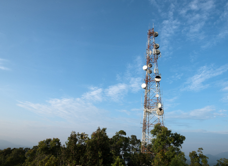 Telecommunication tower at the mountain peaksの写真素材
