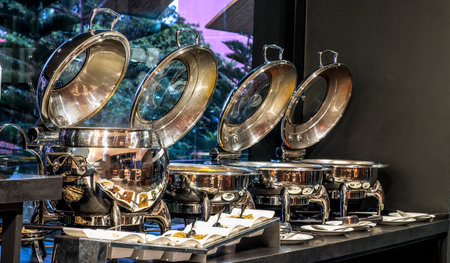 Close up stainless steel countertop of buffet warmer dish at a restaurant.