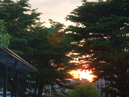 Sunset over small village in town with beautiful sun flareの写真素材