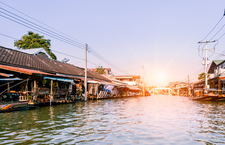 Thailand waterfront village with beautiful sunrise sky and Chao phraya riverのeditorial素材