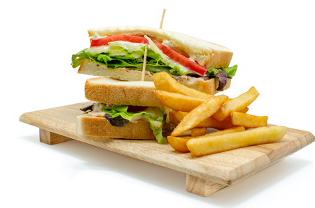 Homemade healthy club sandwich and french fried on white backgroundの写真素材