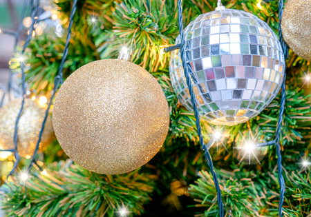 Christmas decorated on Artificial pine tree backgroundの写真素材