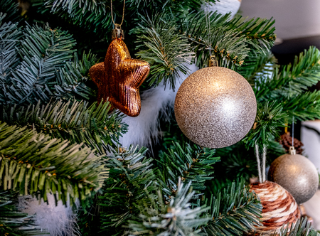 Christmas decorated on Artificial pine tree backgroundの写真素材
