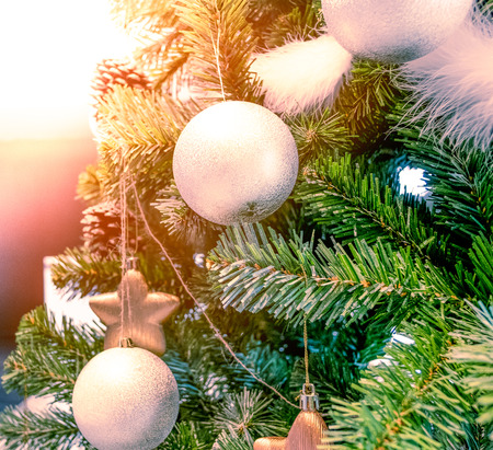 Christmas decorated on Artificial pine tree backgroundの写真素材