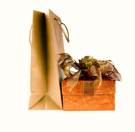 Paper bag and Gift box : Isolated on white backgroundの写真素材