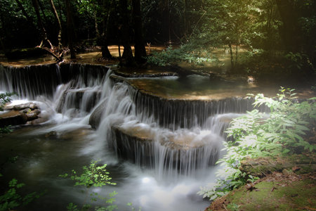 Huay Mae Khamin Waterfall six level , Paradise waterfall in Tropical rain forest of Thailand