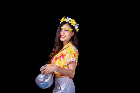 Thai girl smiling Asian beauty Swimming with ancient bowls Preserve the good culture of Thai people...