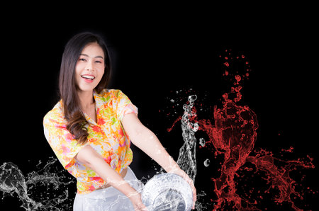 Thai girl smiling Asian beauty Swimming with ancient bowls Preserve the good culture of Thai people...