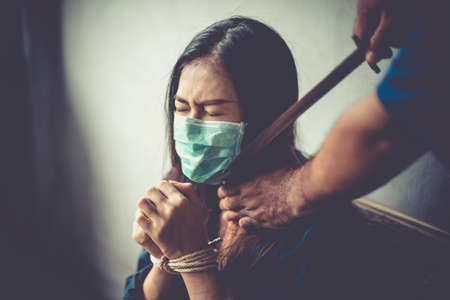 Trafficked human traffickers. Women violence. Abused and tortured concept. Human trafficking concept. Stop violence against Women. International women's Day. Stop abusing violence. selected focusの写真素材