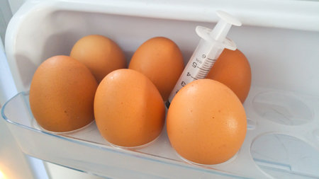 Eggs in the refrigerator and syringes .の写真素材