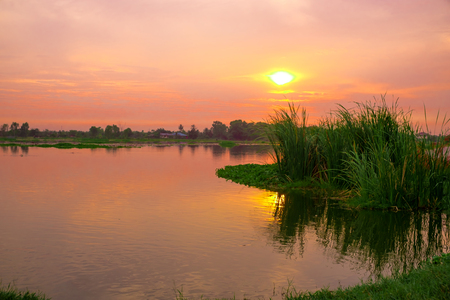 Silhouettes of sunrise Marsh and Roadside View at the morning in countryside thailand .の写真素材