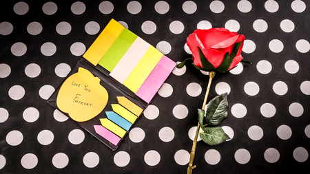 Post-it with message love you forever. Collection of different colored sheets of note papers and Red Roses flower for Valentine Day . Customize colors Vintage retro and old film Toneの写真素材