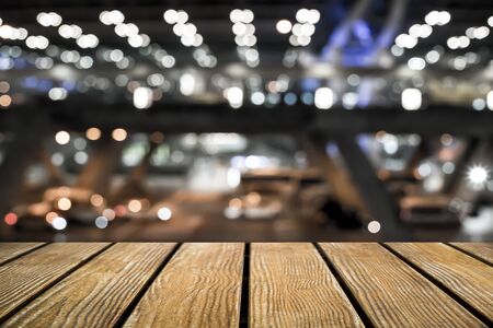 Empty Old Wooden table with city background .の写真素材