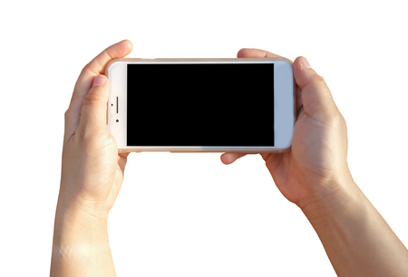 hand holding Modern mobile smart phone with black screen for mockup , isolated on white background , Clipping Pathの写真素材
