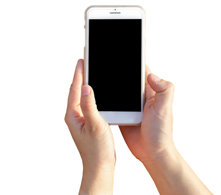 hand holding Modern mobile smart phone with black screen for mockup , isolated on white background , Clipping Pathの写真素材
