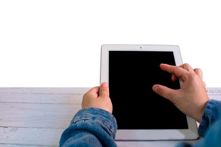 Attractive Modern business woman Hand Touching and Using Digital tablet Screen . Analyst Department...