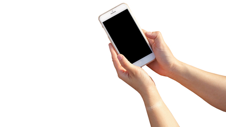 hand holding Modern mobile smart phone with black screen for mockup , isolated on white background , Clipping Pathの写真素材