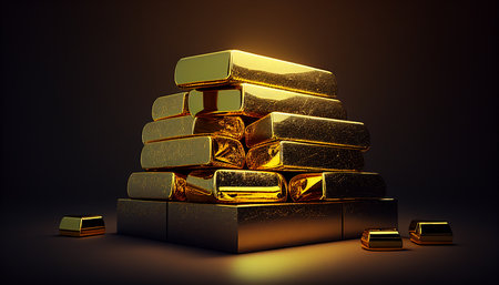 a lot of Gold bullion and gold coins. Golden is business Successful investor or entrepreneur. Gold investment, Financial concept. Generative AI illustrationの素材