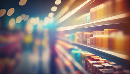 Blurred Background Abstract Bokeh Shelving unit in Shopping store supermarket look at the lights. background, copy space, Generative AI, illustrationの素材