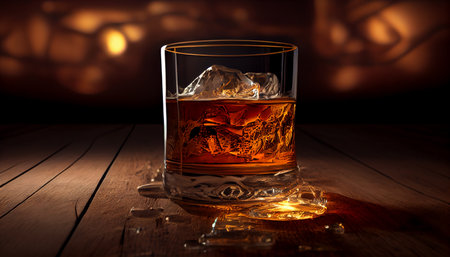Glass of whiskey with ice cubes on a wooden table and Bokeh. Alcoholism concept. Addicting to alcoholic drink. Generative AI illustrationの素材