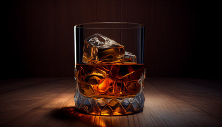 Glass of whiskey with ice cubes on a wooden table and Bokeh. Alcoholism concept. Addicting to alcoholic drink. Generative AI illustrationの素材