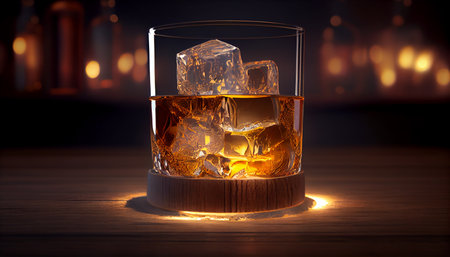 Glass of whiskey with ice cubes on a wooden table and Bokeh. Alcoholism concept. Addicting to alcoholic drink. Generative AI illustrationの素材