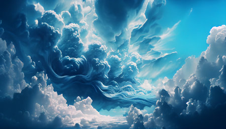The background of sky and clouds In shades of pastel blue tones. complex clouds and super sky. AI Generative, illustrationの素材