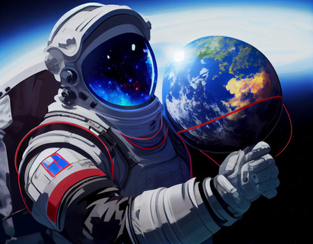astronaut gaze planet holding space helmet, sci fi, ship, computer, moonring . space explore man looking at planet that it gonna be destory by flying ship. Generative AI illustrationの素材
