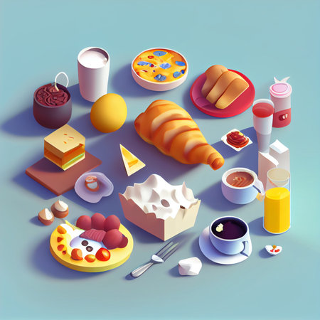 isometric Breakfast food and drinks background. Breakfast and kitchen equipment Cooking icons set. good morning concept, AI Generative, illustrationの素材