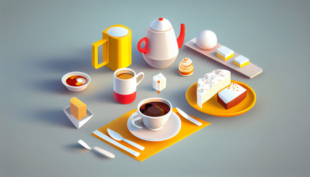 isometric Breakfast food and drinks background. Breakfast and kitchen equipment Cooking icons set. good morning concept, AI Generative, illustrationの素材
