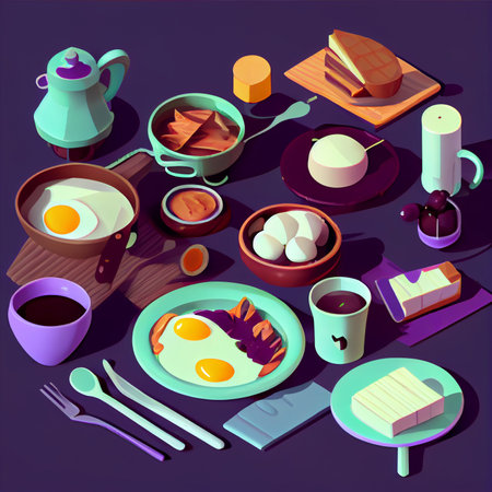 isometric Breakfast food and drinks background. Breakfast and kitchen equipment Cooking icons set. good morning concept, AI Generative, illustrationの素材