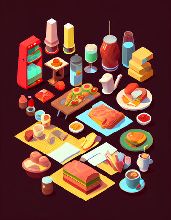 isometric Breakfast food and drinks background. Breakfast and kitchen equipment Cooking icons set. good morning concept, AI Generative, illustrationの素材
