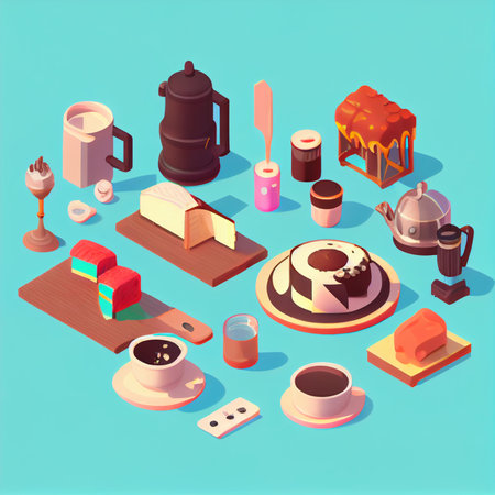 isometric Breakfast food and drinks background. Breakfast and kitchen equipment Cooking icons set. good morning concept, AI Generative, illustrationの素材