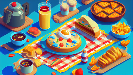 isometric Breakfast food and drinks background. Breakfast and kitchen equipment Cooking icons set. good morning concept, AI Generative, illustrationの素材