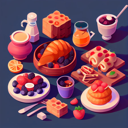 isometric Breakfast food and drinks background. Breakfast and kitchen equipment Cooking icons set. good morning concept, AI Generative, illustrationの素材