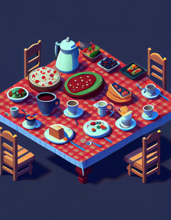 isometric Breakfast food and drinks background. Breakfast and kitchen equipment Cooking icons set. good morning concept, AI Generative, illustrationの素材