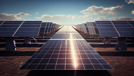Lots of solar panels in a beautiful wide open view during the sunny day. Sunset Above a photovoltaic power plant, the Solar Farm, Technology solar cell. Generative AI, illustrationの素材