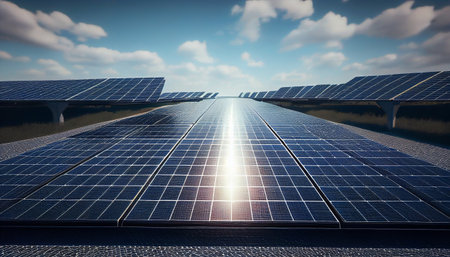 Lots of solar panels in a beautiful wide open view during the sunny day. Sunset Above a photovoltaic power plant, the Solar Farm, Technology solar cell. Generative AI, illustrationの素材