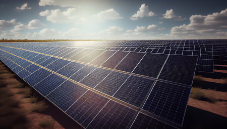 Lots of solar panels in a beautiful wide open view during the sunny day. Sunset Above a photovoltaic power plant, the Solar Farm, Technology solar cell. Generative AI, illustrationの素材