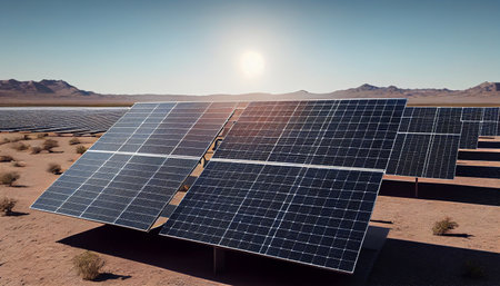 Lots of solar panels in a beautiful wide open view during the sunny day. Sunset Above a photovoltaic power plant, the Solar Farm, Technology solar cell. Generative AI, illustrationの素材
