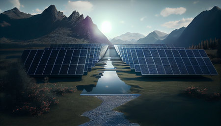 Lots of solar panels in a beautiful wide open view during the sunny day. Sunset Above a photovoltaic power plant, the Solar Farm, Technology solar cell. Generative AI, illustrationの素材