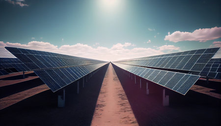 Lots of solar panels in a beautiful wide open view during the sunny day. Sunset Above a photovoltaic power plant, the Solar Farm, Technology solar cell. Generative AI, illustrationの素材