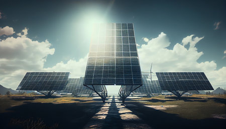 Lots of solar panels in a beautiful wide open view during the sunny day. Sunset Above a photovoltaic power plant, the Solar Farm, Technology solar cell. Generative AI, illustrationの素材
