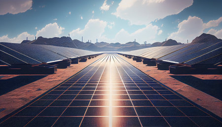 Lots of solar panels in a beautiful wide open view during the sunny day. Sunset Above a photovoltaic power plant, the Solar Farm, Technology solar cell. Generative AI, illustrationの素材