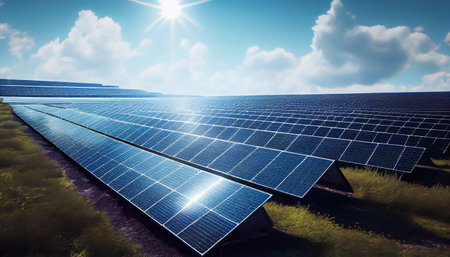 Lots of solar panels in a beautiful wide open view during the sunny day. Sunset Above a photovoltaic power plant, the Solar Farm, Technology solar cell. Generative AI, illustrationの素材