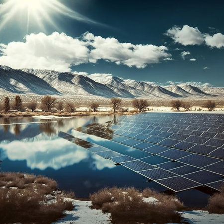 Lots of solar panels in a beautiful wide open view during the sunny day. Sunset Above a photovoltaic power plant, the Solar Farm, Technology solar cell. Generative AI, illustrationの素材