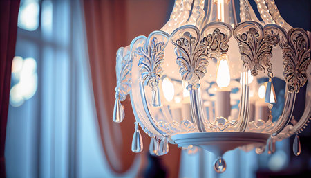 Chrystal chandelier lamp on the ceiling in Dining room Adjusting the image in a Luxury tone. Decorative elegant vintage and Contemporary interior Concept. Generative AI, illustrationの素材