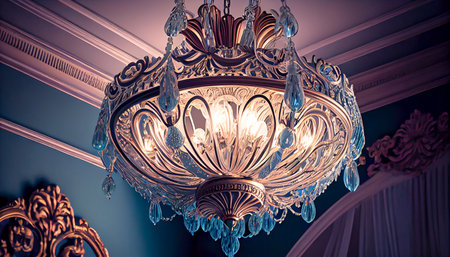 Chrystal chandelier lamp on the ceiling in Dining room Adjusting the image in a Luxury tone. Decorative elegant vintage and Contemporary interior Concept. Generative AI, illustrationの素材