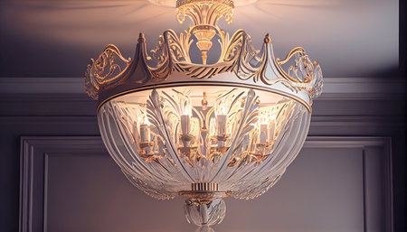 Chrystal chandelier lamp on the ceiling in Dining room Adjusting the image in a Luxury tone. Decorative elegant vintage and Contemporary interior Concept. Generative AI, illustrationの素材