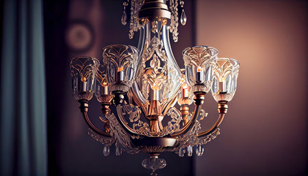 Chrystal chandelier lamp on the ceiling in Dining room Adjusting the image in a Luxury tone. Decorative elegant vintage and Contemporary interior Concept. Generative AI, illustrationの素材